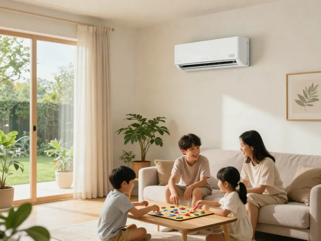 Family enjoying time together with a mini split air conditioner in a cozy living room.