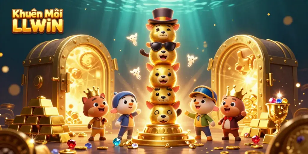 Experience Khuyến Mãi LLWIN with vibrant golden treasures and casino elements in a dynamic scene.