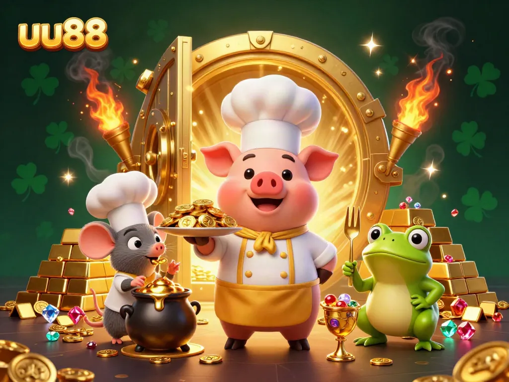 Experience fortune with the uu88 gourmet pig chef serving gold coins in a vibrant casino scene.