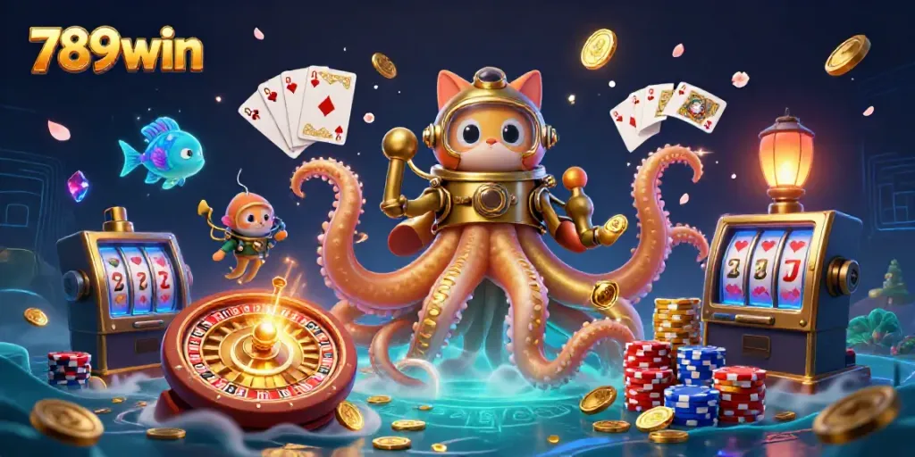 Engage in thrilling wins with 789win's colorful casino scene featuring a magical kraken and diving cat.