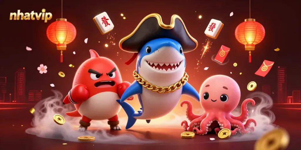 Experience the thrilling action of nhatvip with a pirate shark, pufferfish, and octopus amidst vibrant casino elements.