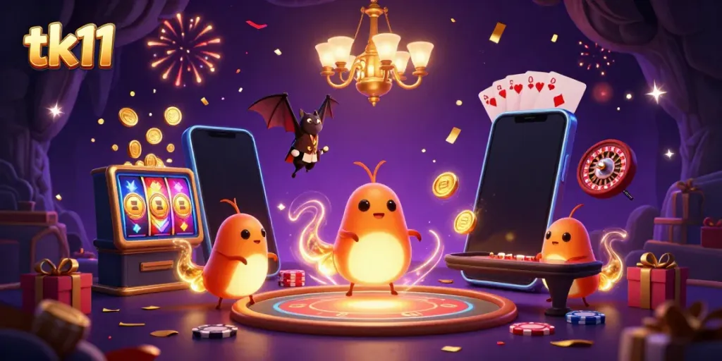 Engage with tk11 as glowworms illuminate a vibrant cave casino filled with slot games and excitement.
