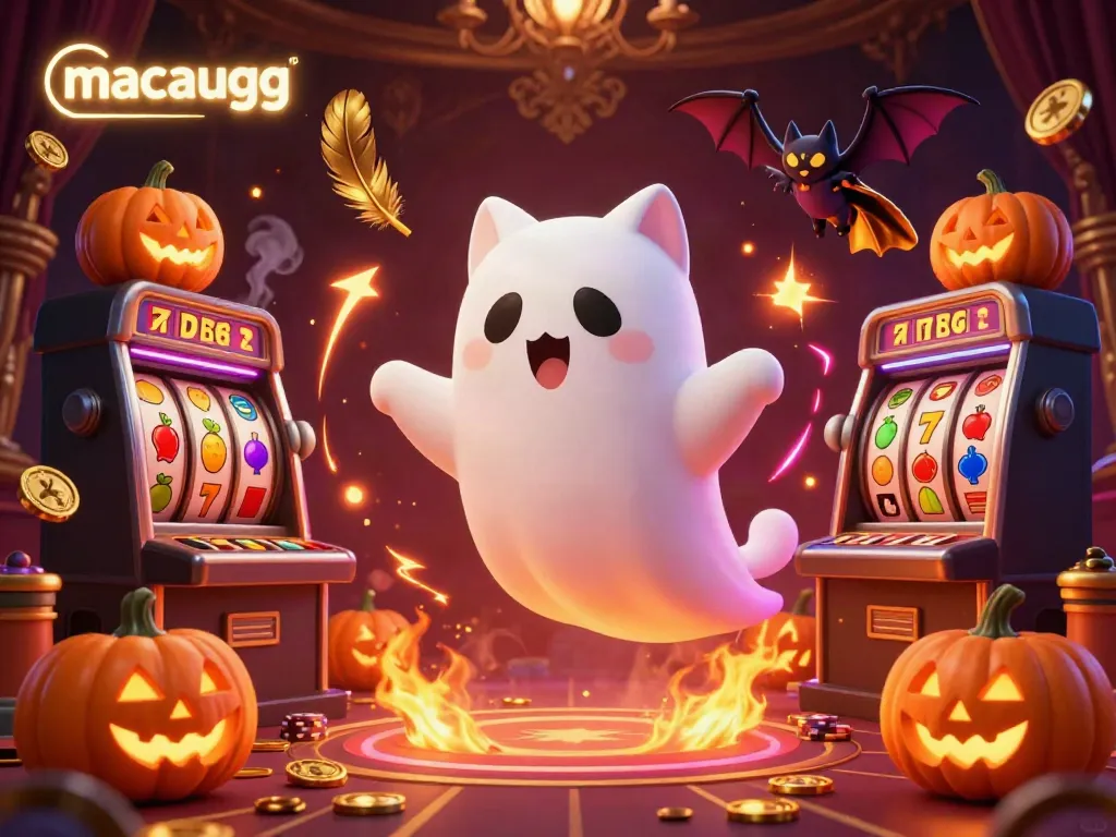 Experience the excitement of macaugg with a vibrant 3D scene showcasing a friendly ghost cat amidst slot machines.