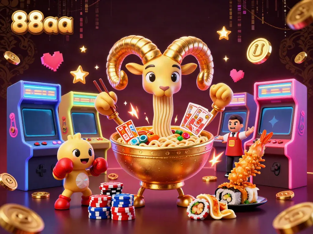 88aa offers a vibrant illustration of a giant ramen bowl character surrounded by casino-themed elements, symbolizing exciting gameplay.