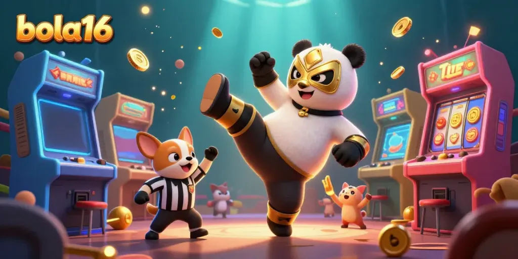 Experience thrilling gameplay with bola16 as a panda wrestler kicks off an exciting slot game scene.